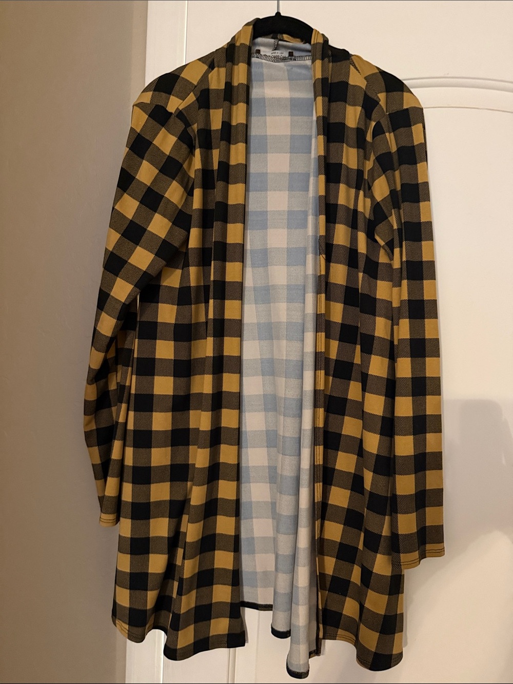 Womens Open-Front Plaid cardigan in Mustard & Black